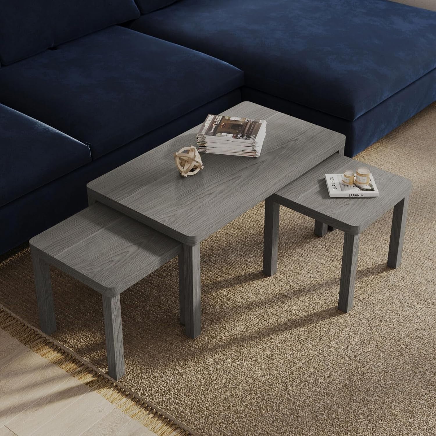 Space-Saving Set of 3 Nesting Coffee Tables Modern Grey Wood Living Room Furnitu