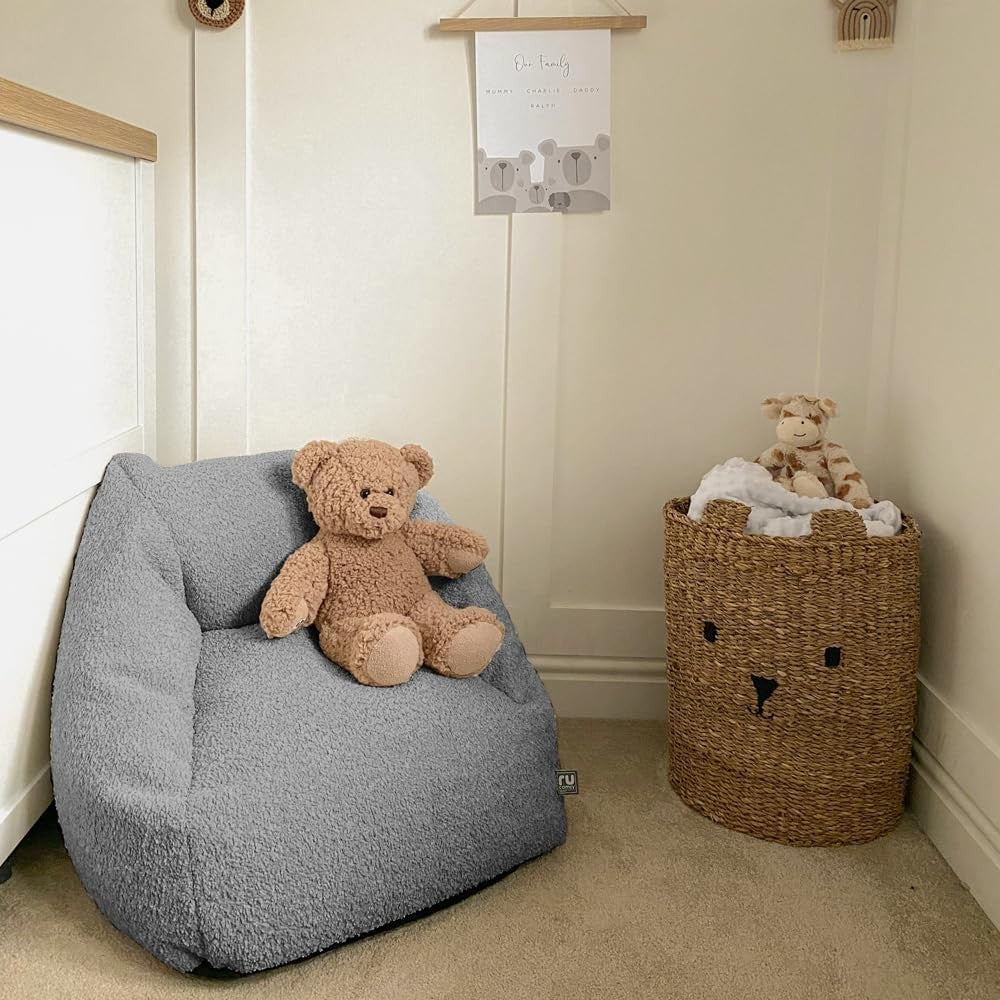 Kids Bouclé Bean Bag Chair Grey Armchair Soft Seat Sofa for Bedroom