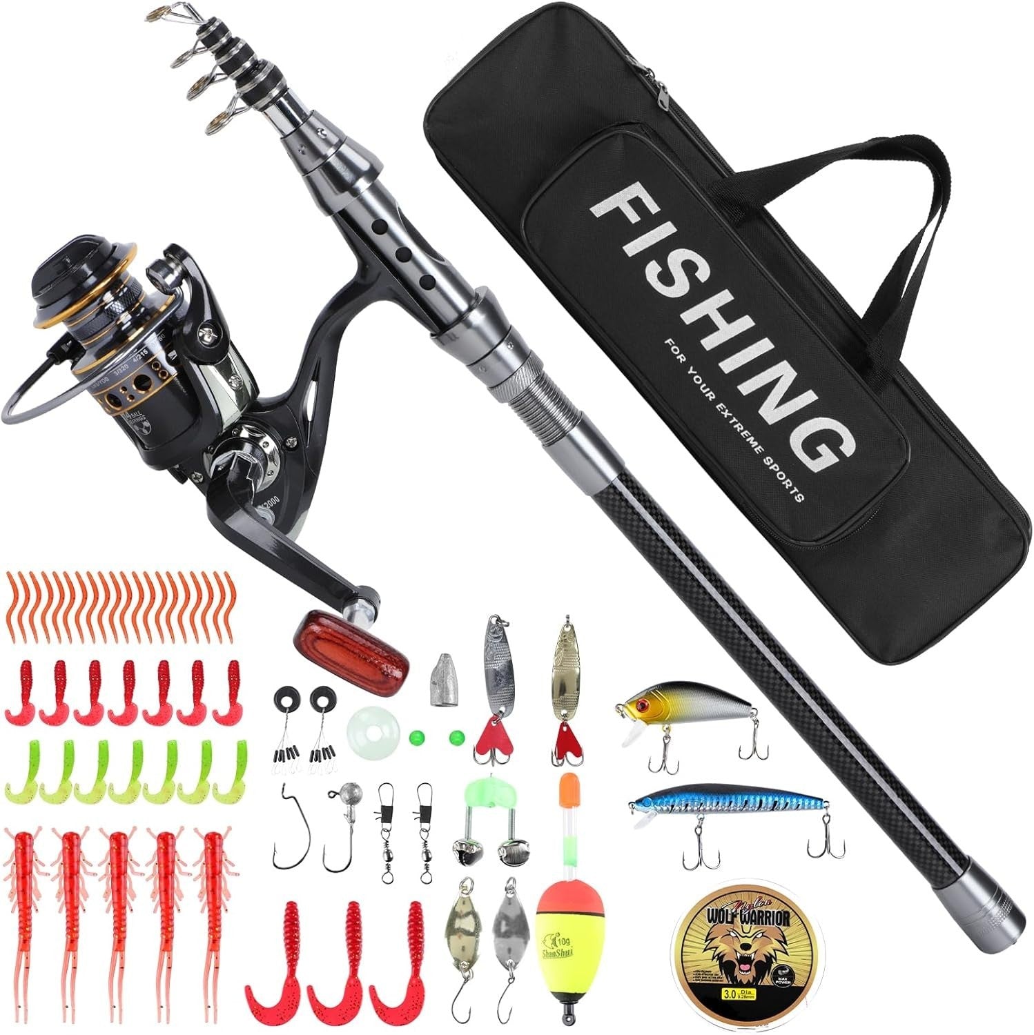 1.8M Telescopic Fishing Rod & Reel Combo Full Kit Lures Line Travel Saltwater