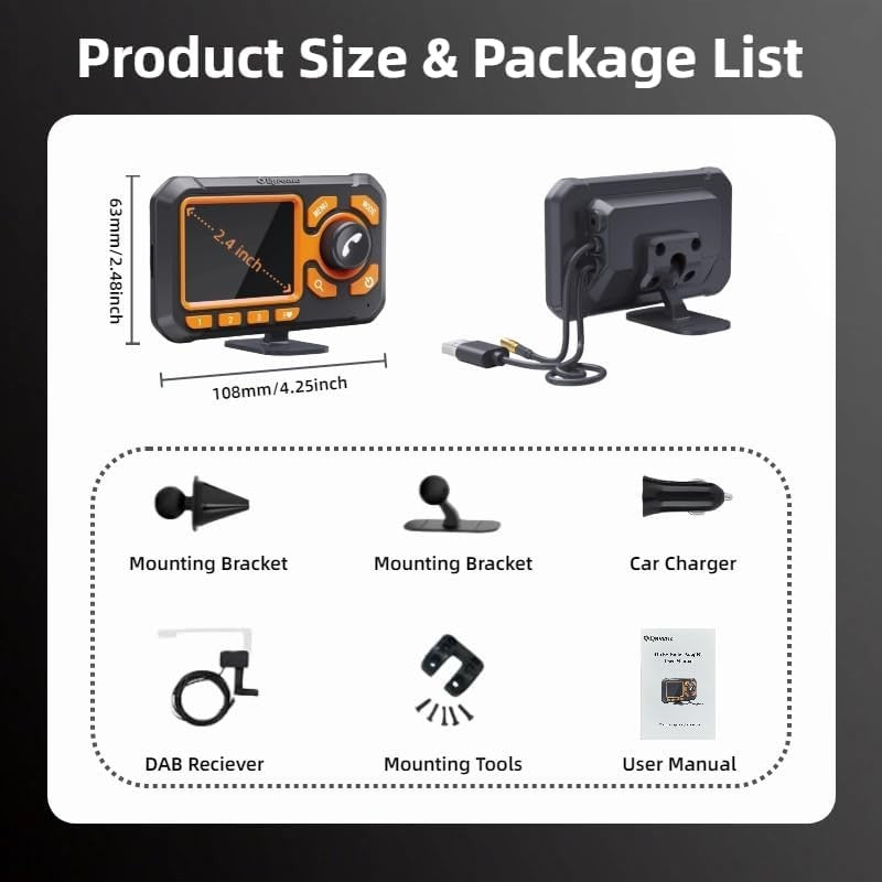 DAB Car Radio Adapter with Bluetooth, TF Card, AUX & 2.4” LCD Display