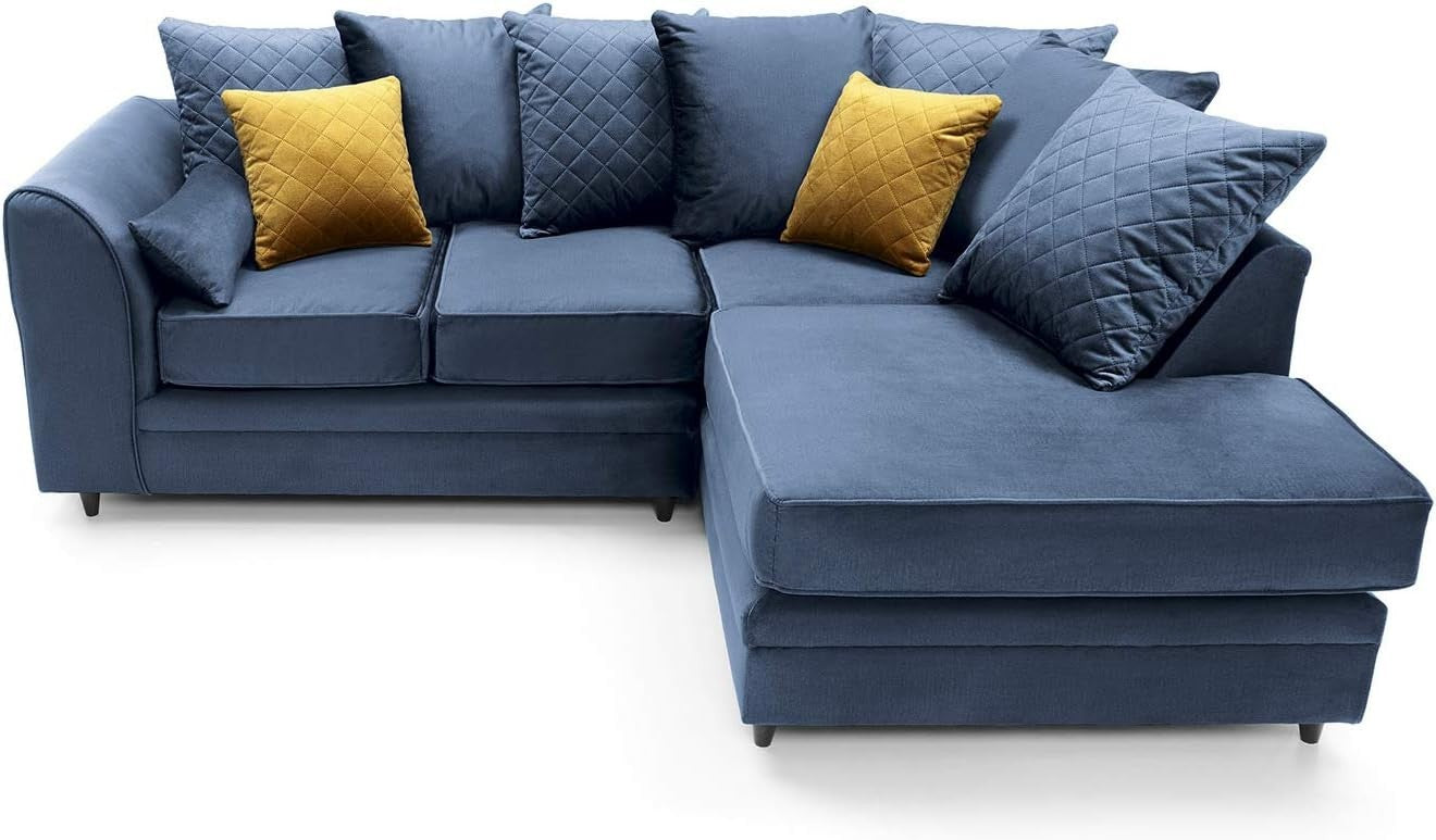 Right Hand Dark Blue L Shape Corner Sofa Velvet Water-Repellent Comfort