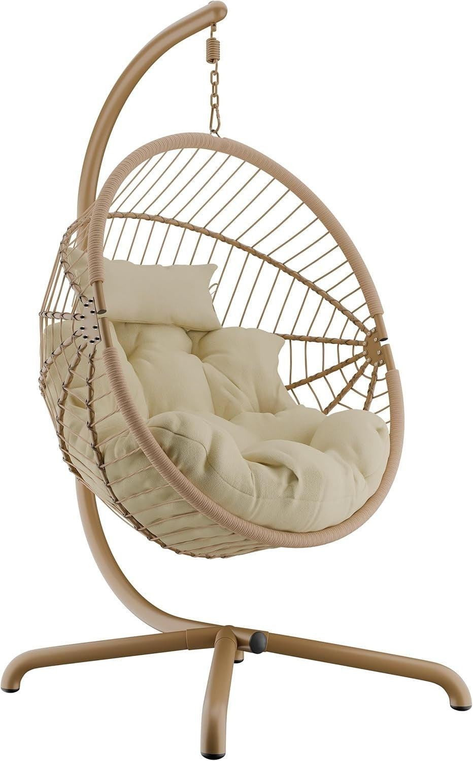 Rattan Hanging Egg Chair with Cushion & Stand Indoor Outdoor Patio Beige