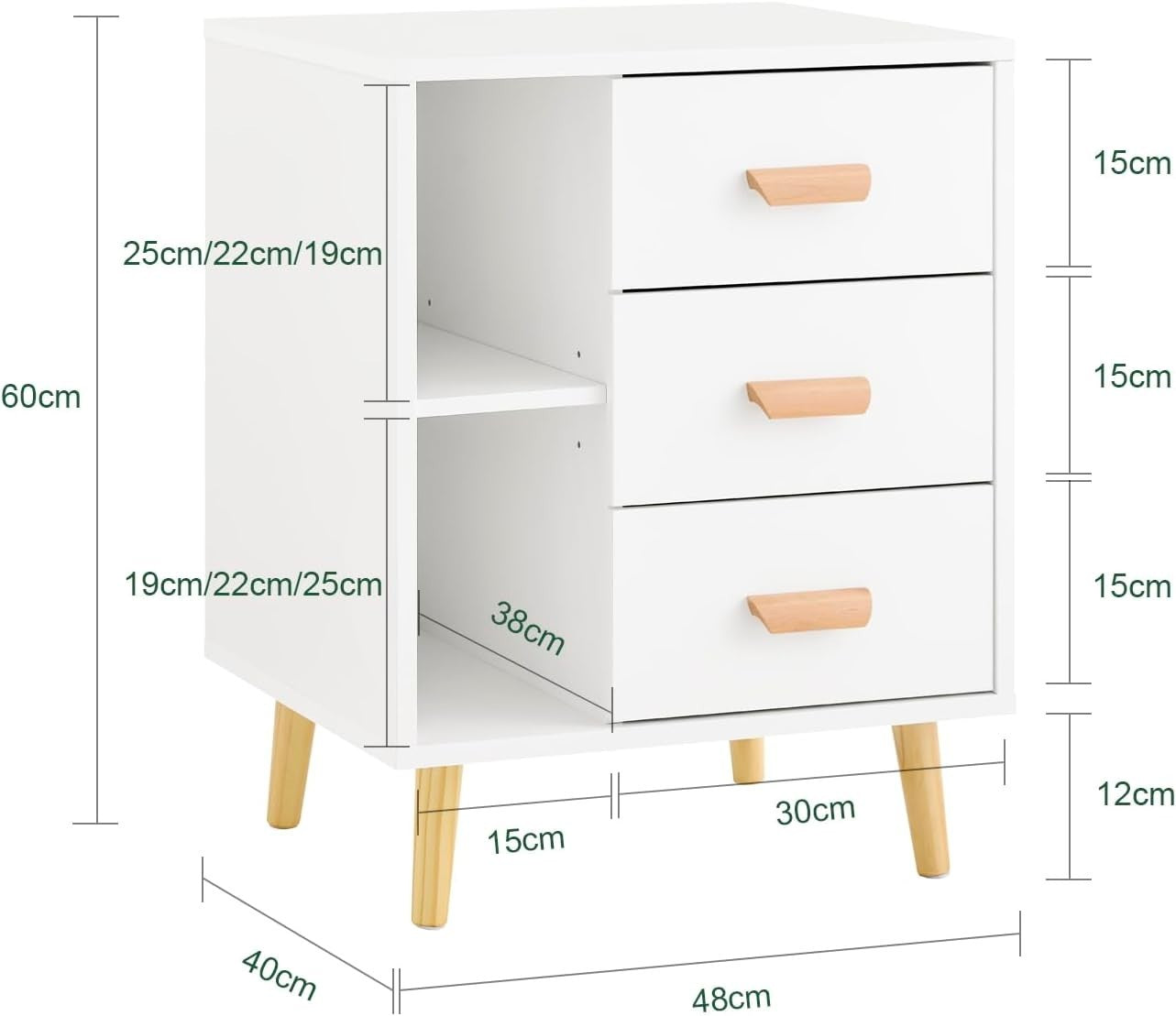 Modern White 3 Drawer Bedside Table with Shelves – Scandinavian Storage Unit