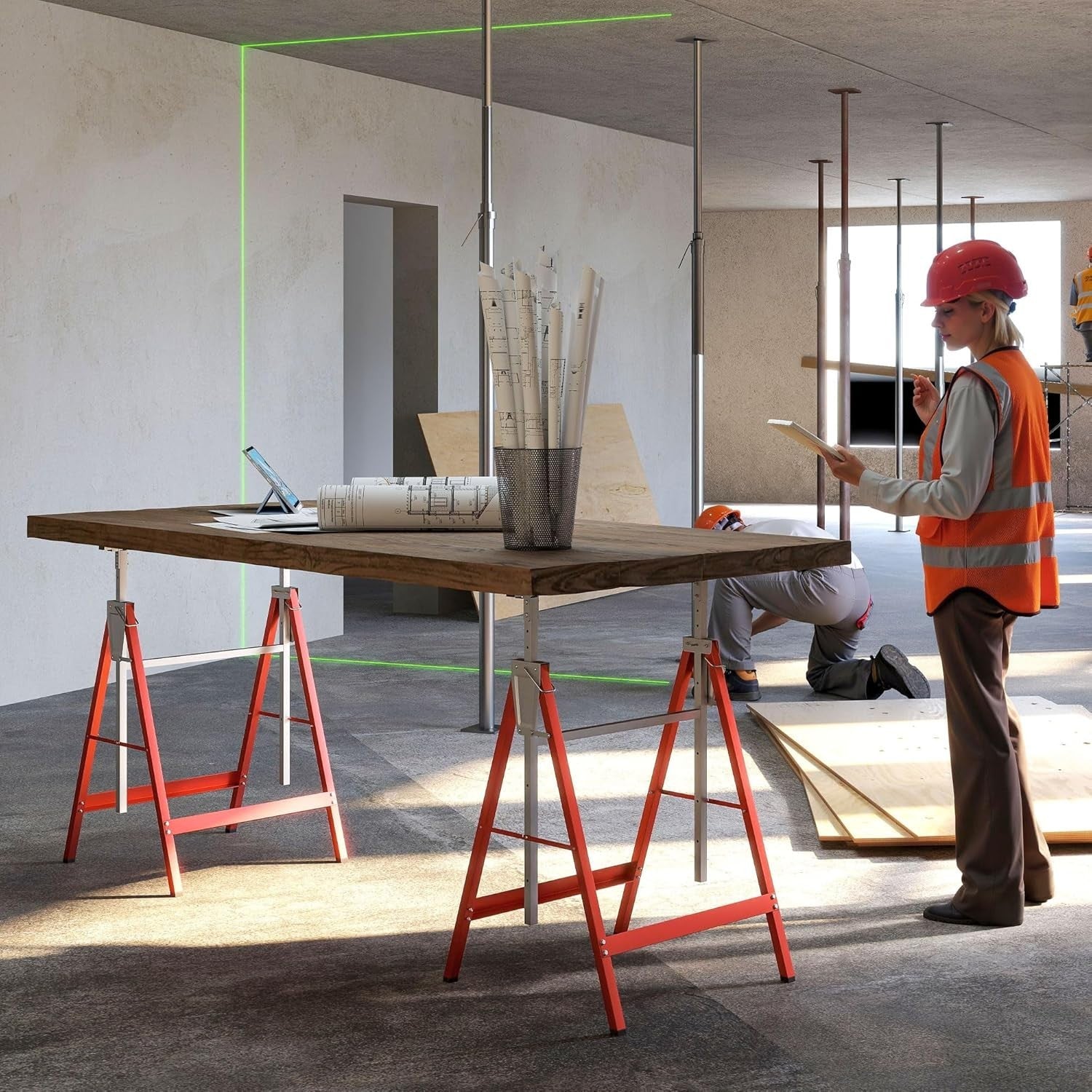 2x Adjustable Telescopic Sawhorse Folding Steel Trestle Work Bench Red 80–130cm