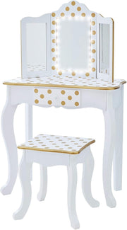 Kids Vanity Table with LED Mirror & Stool White Gold – Storage Drawer