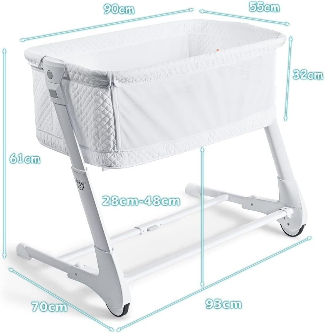 Bedside Baby Crib Adjustable Bassinet with Mattress & Wheels, Breathable White