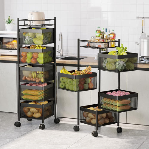 6 Tier Metal Fruit Basket Rotating Storage Trolley with Wheels Black