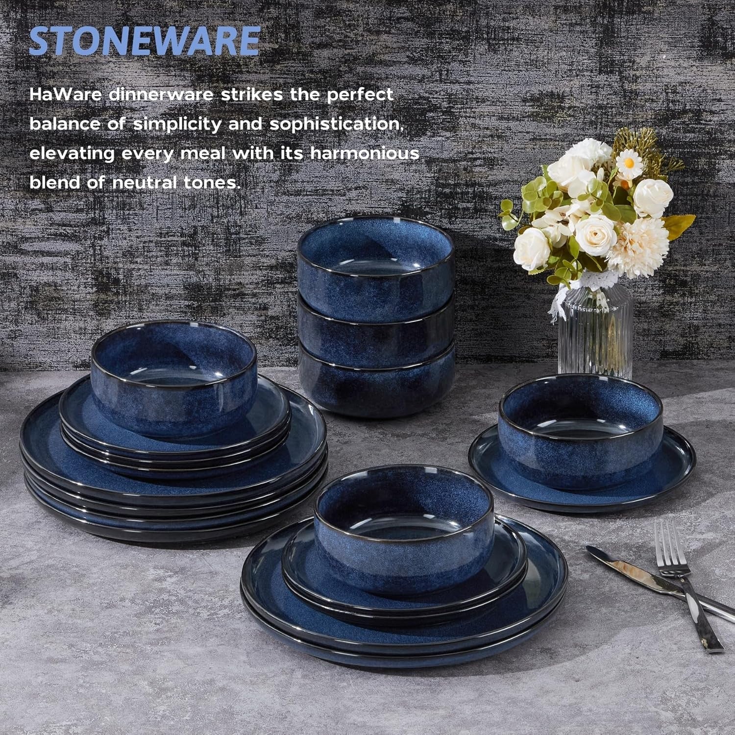 18pc Stoneware Dinnerware Set for 6 Reactive Glaze Plates Bowls Blue
