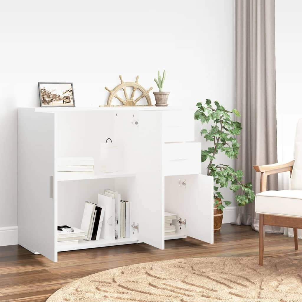Modern White Engineered Wood Sideboard Storage Cabinet with Drawers & Doors