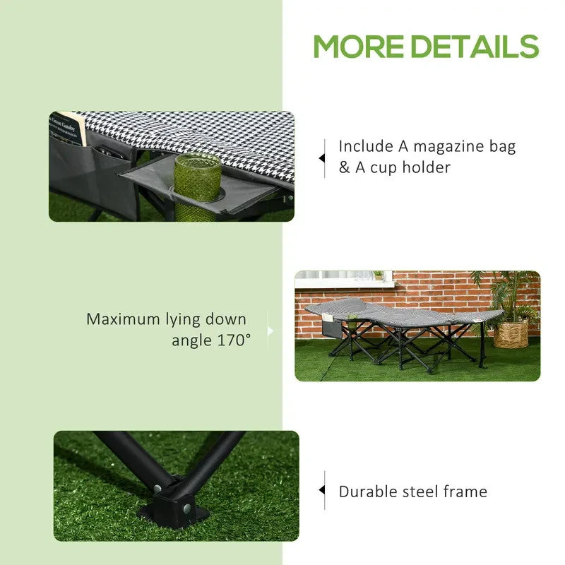 Folding Padded Camping Bed Sun Lounger Recliner w/ Cup Holder Black