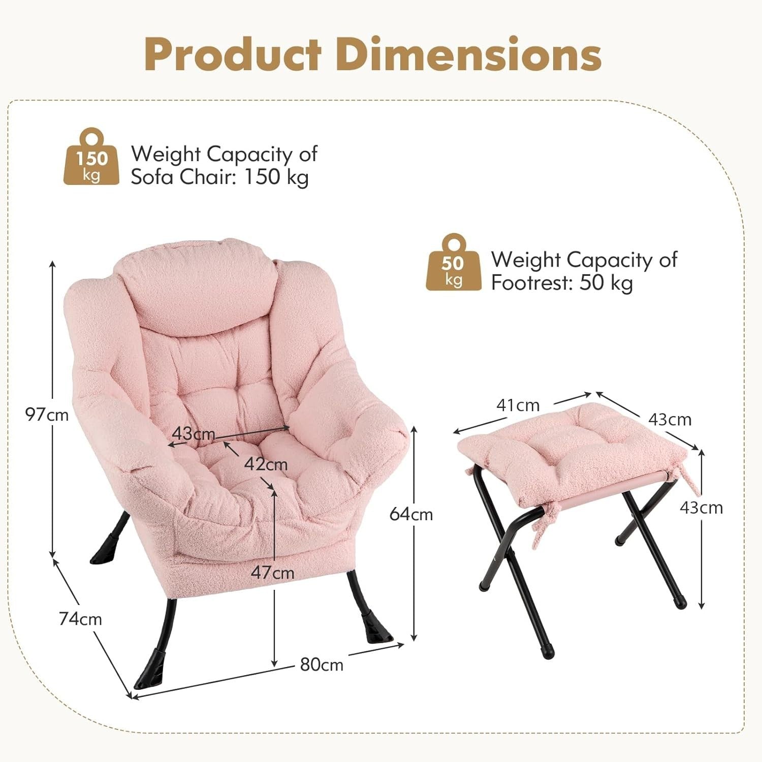 Pink Sherpa Accent Chair with Footstool Comfy Lounge Reading Armchair