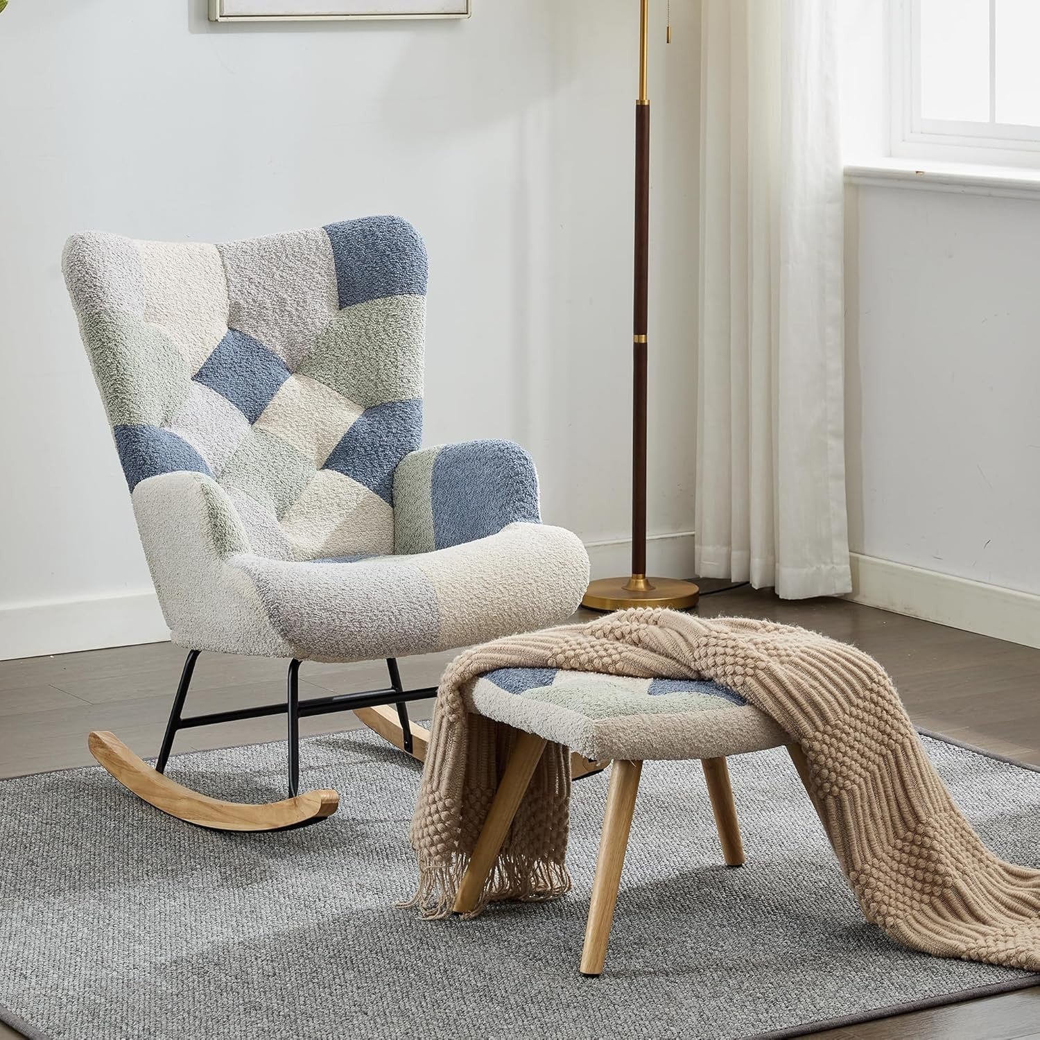 Nursery Rocking Chair w/ Footstool, High Back, Soft Foam Seat, Wood Legs