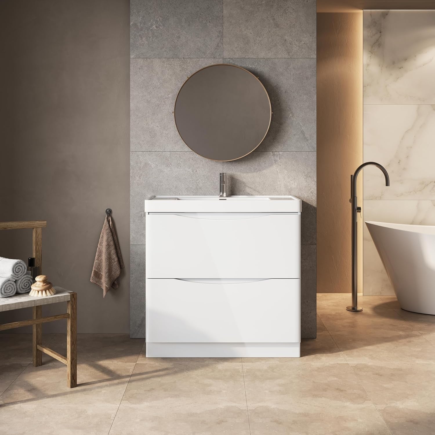 900mm Floor Standing Vanity Unit White Gloss Resin Basin Modern Bathroom Cabinet