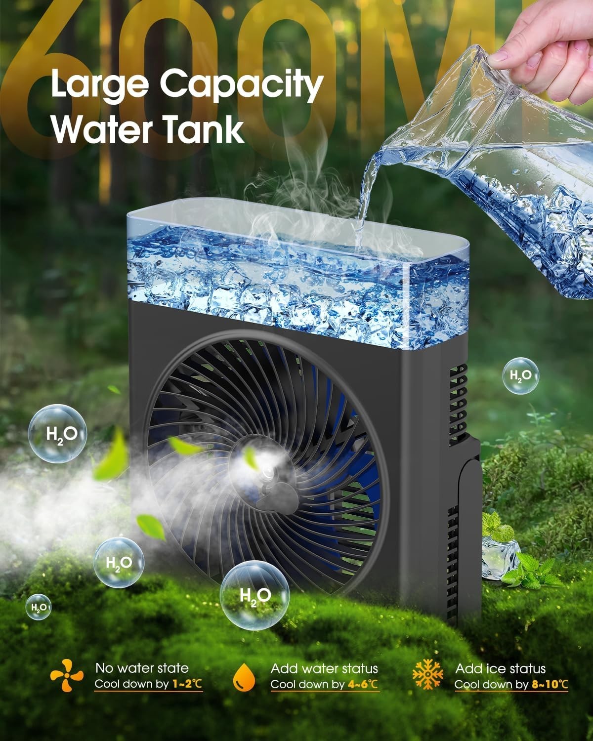 8-Inch Misting Fan 16000mAh – Rechargeable Cooling Fan w/ 600ml Water Tank Black