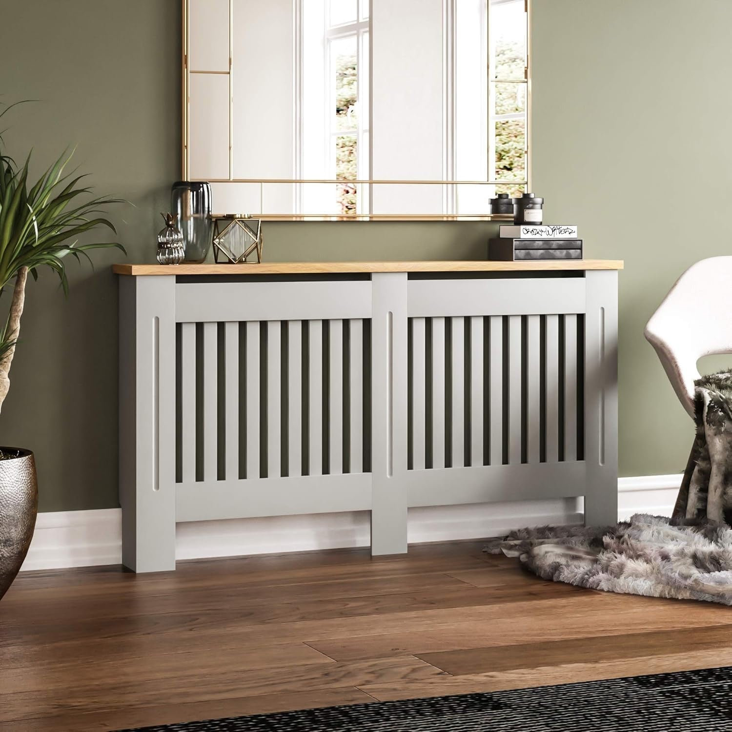 Large Olive Grey Radiator Cover Cabinet MDF Slatted Grill with Wood Top Shelf