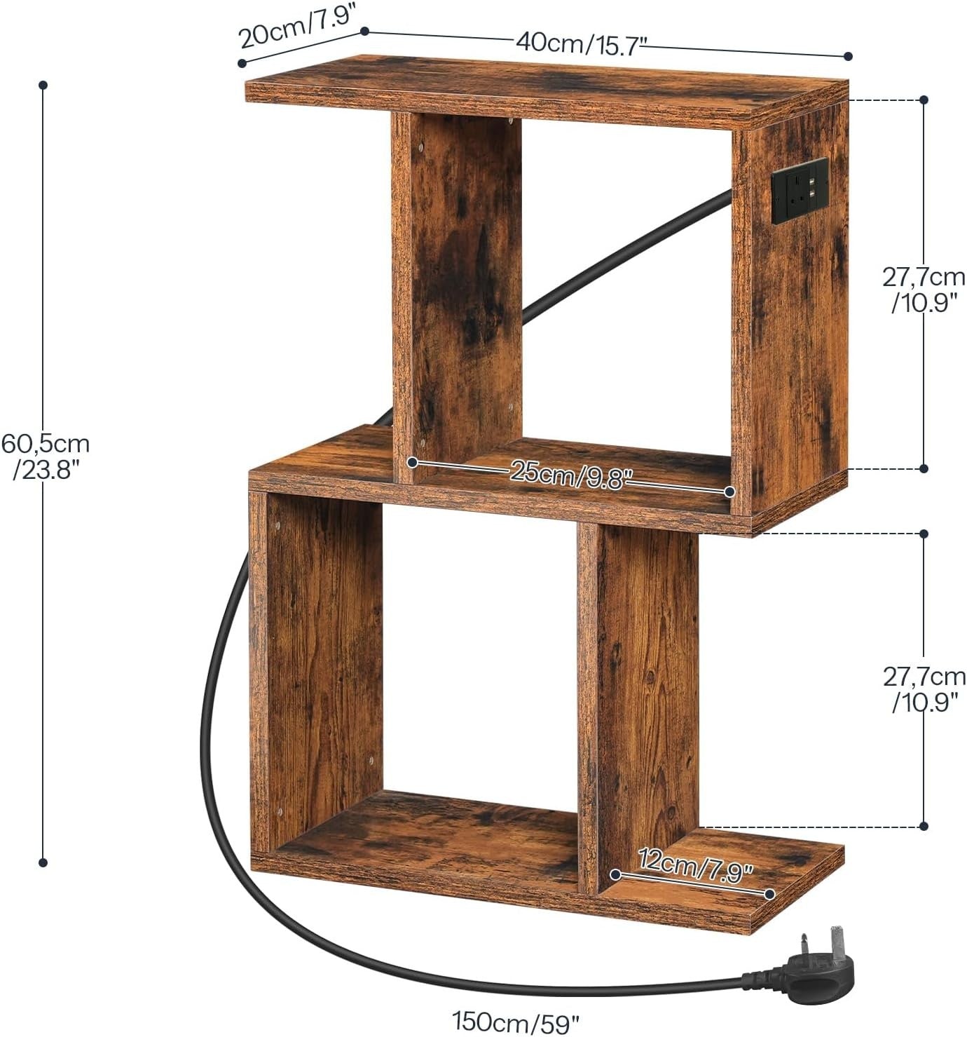 Slim S-Shaped Side Table w/ USB & AC Outlet | Narrow Bedside & End Table