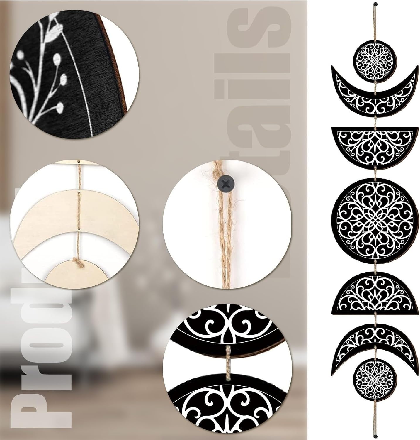 Moon Phase Wall Decor Wooden Boho 7-Piece Hanging Art 31x6.2