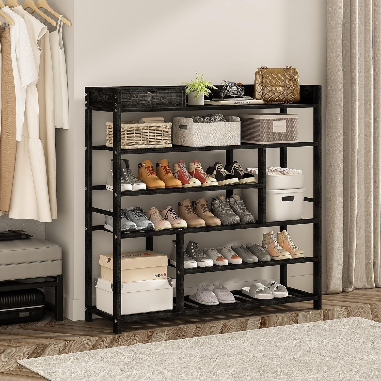 6 Tier Bamboo Shoe Rack Storage Shelf – Tall Black Entryway Organizer