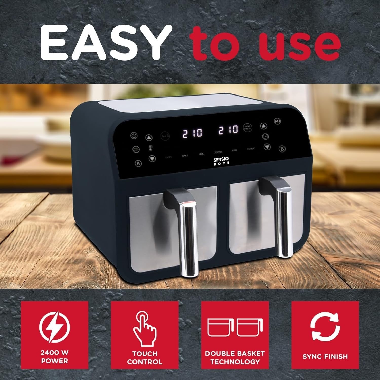 Dual Basket Air Fryer 8L 2400W Oil Free Digital Sync Finish Family Size