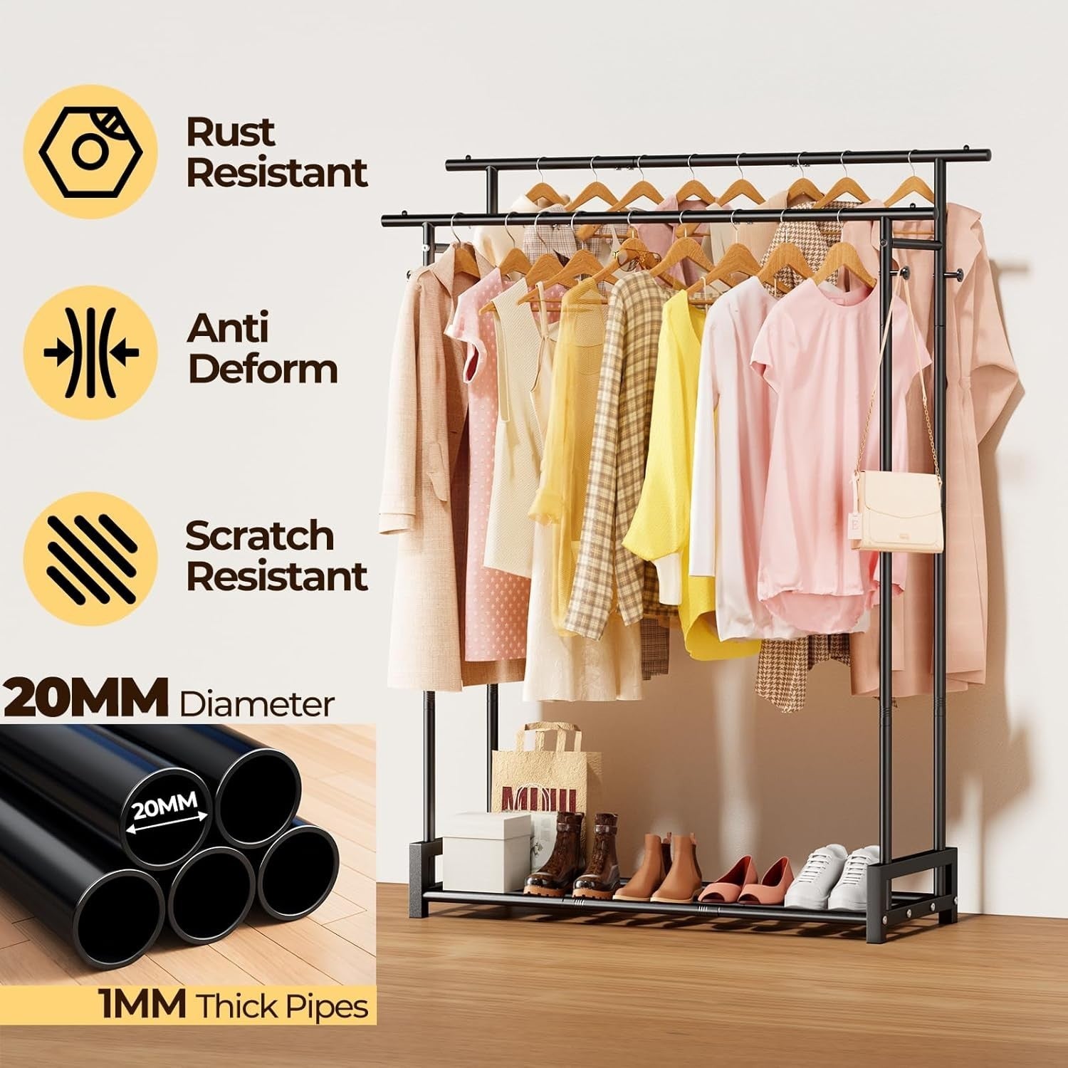 Double Clothes Rail with Shelf & Hooks – Black 150cm