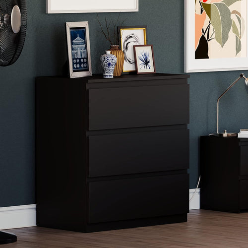 Black 3 Drawer Chest Modern Bedroom Storage Cabinet Unit Wood