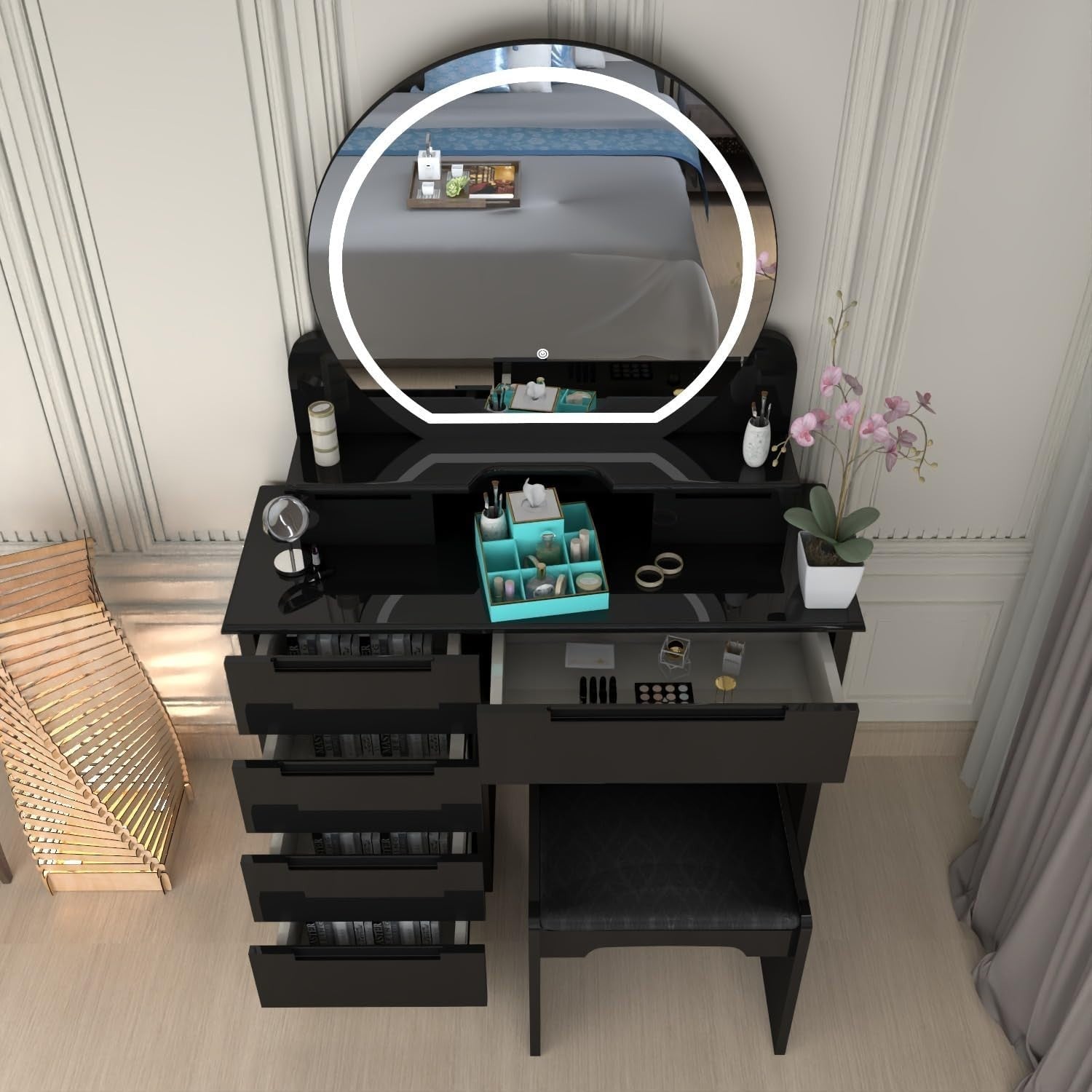 Modern Dressing Table Set 5-Drawer Vanity Makeup Desk Mirror Grey High Gloss