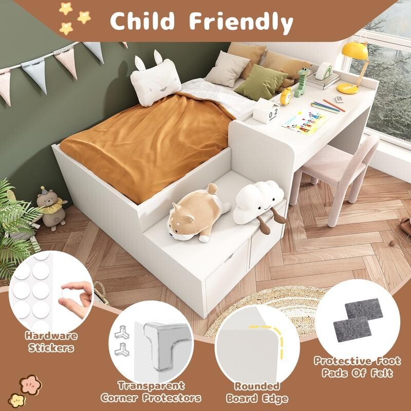 Kids Bed with Desk Storage Drawers 3FT Single White Bed Frame 90x190cm