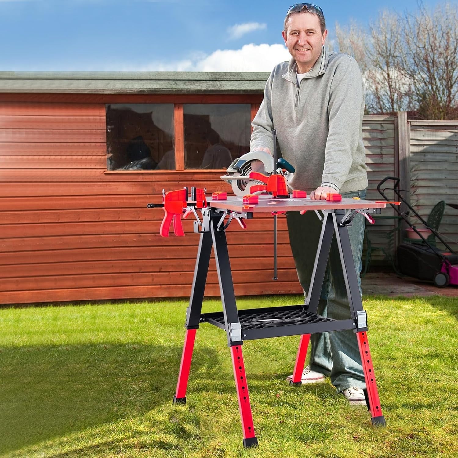 Folding Workbench 70x65cm Adjustable Height Sawhorse 2-in-1 Table 450kg Red