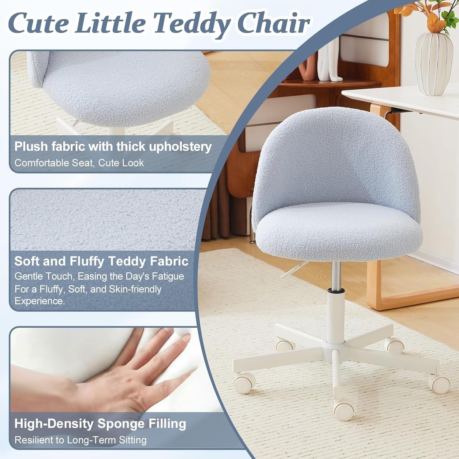 Light Blue Swivel Desk Chair Small Teddy Fleece Adjustable Vanity Seat