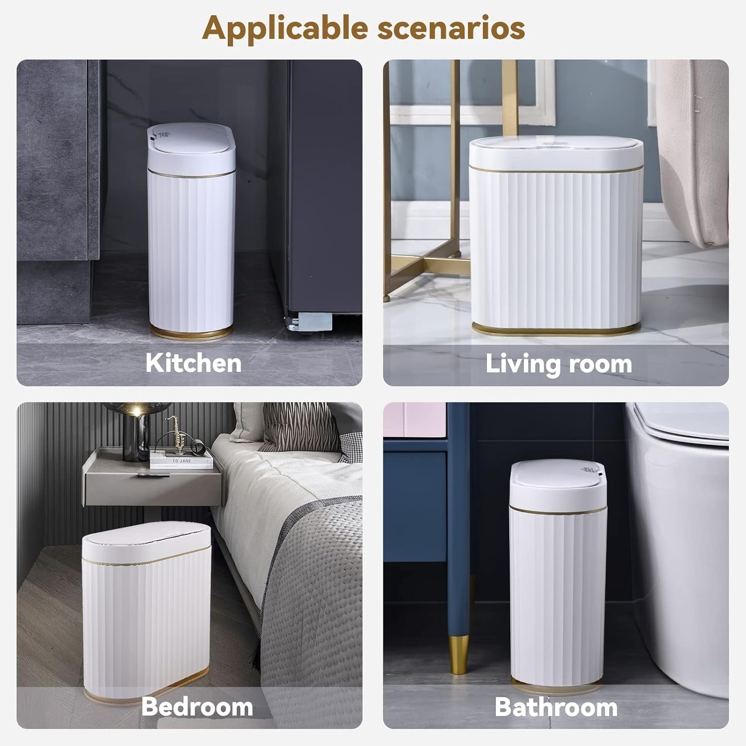 2.5 Gallon Touchless Bathroom Bin Motion Sensor White Gold