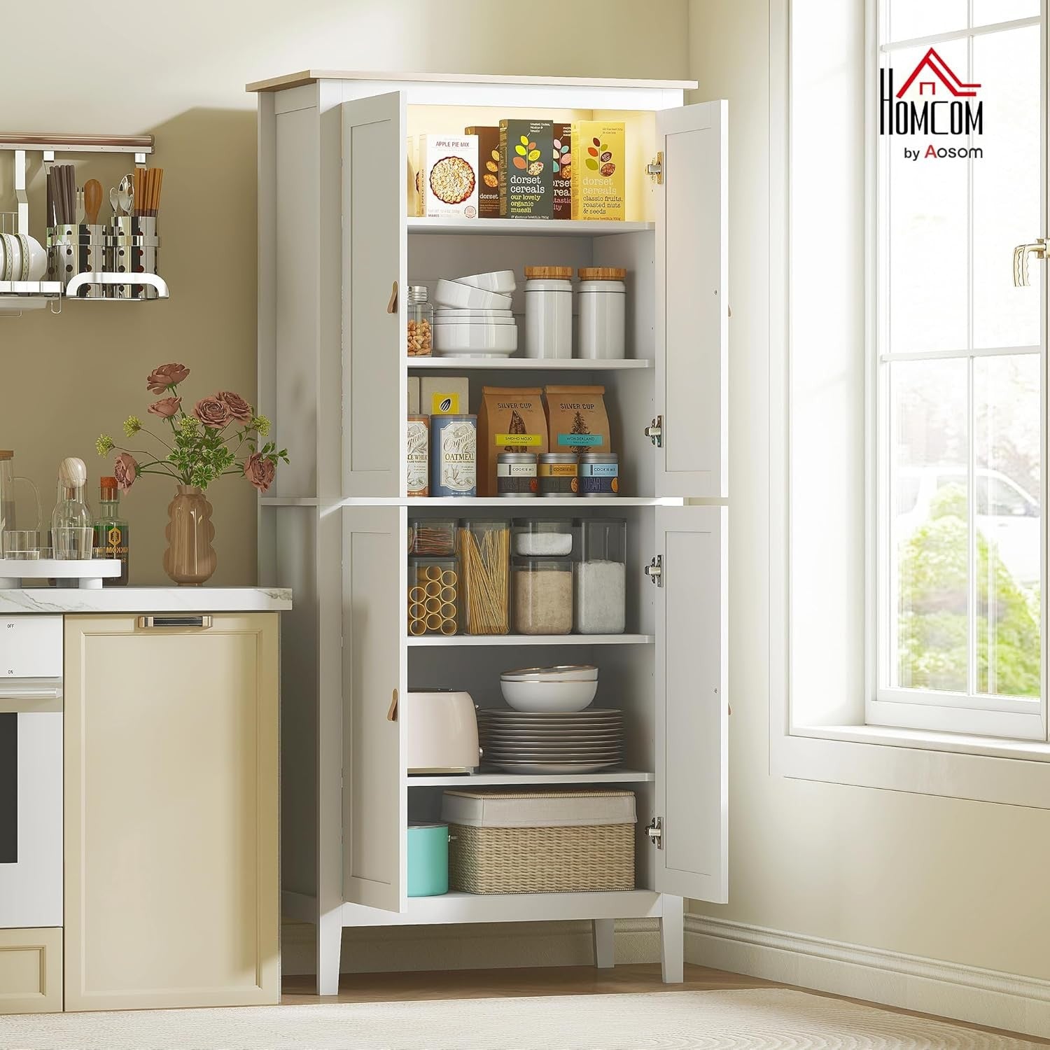 Tall White Kitchen Cupboard Cabinet LED Light 177cm Storage Unit Shelves