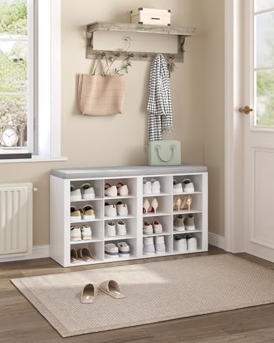 White & Grey Shoe Storage Bench with Cushion & 16 Adjustable Compartments