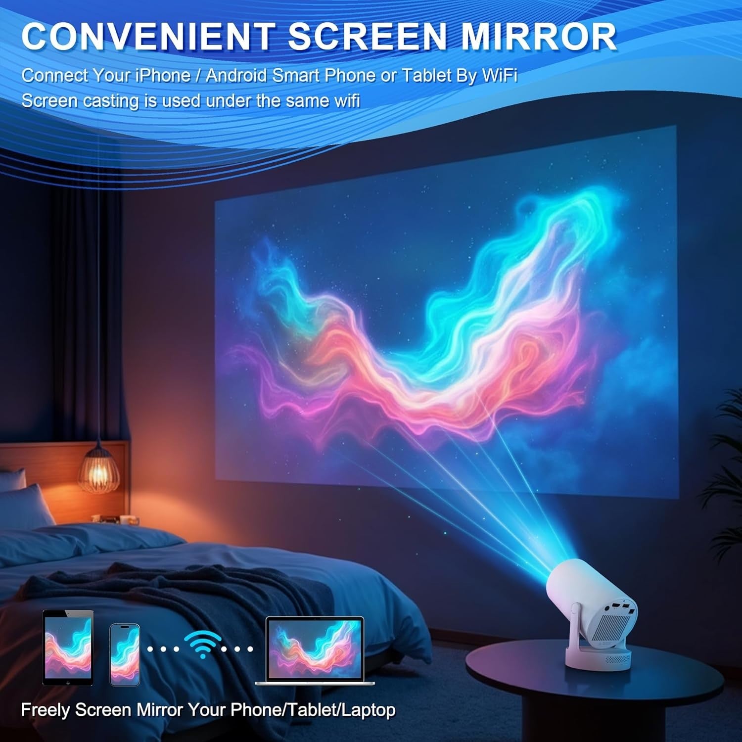 Android WiFi 6 Mini Projector 4K Support Motorized Focus 180° Portable