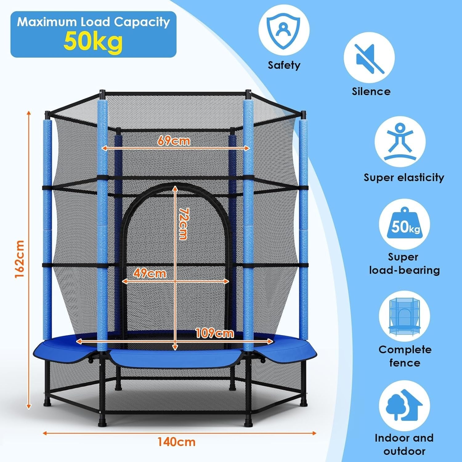 55” Kids Trampoline Indoor Outdoor Safety Net Floor Guard Ages 3–10