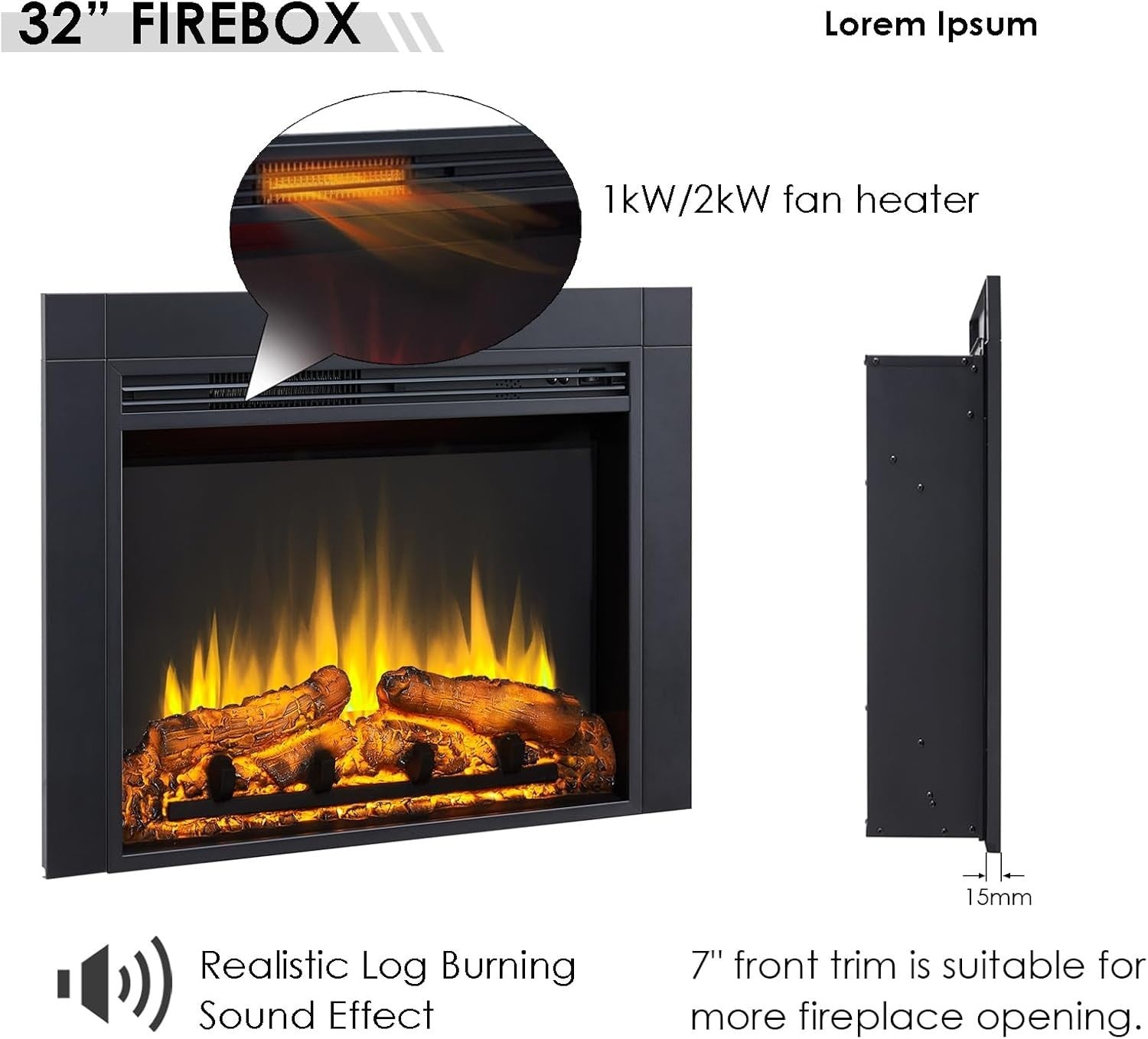 Electric Fireplace Insert 82cm Tall Built-In LED Flame Heater Remote Control