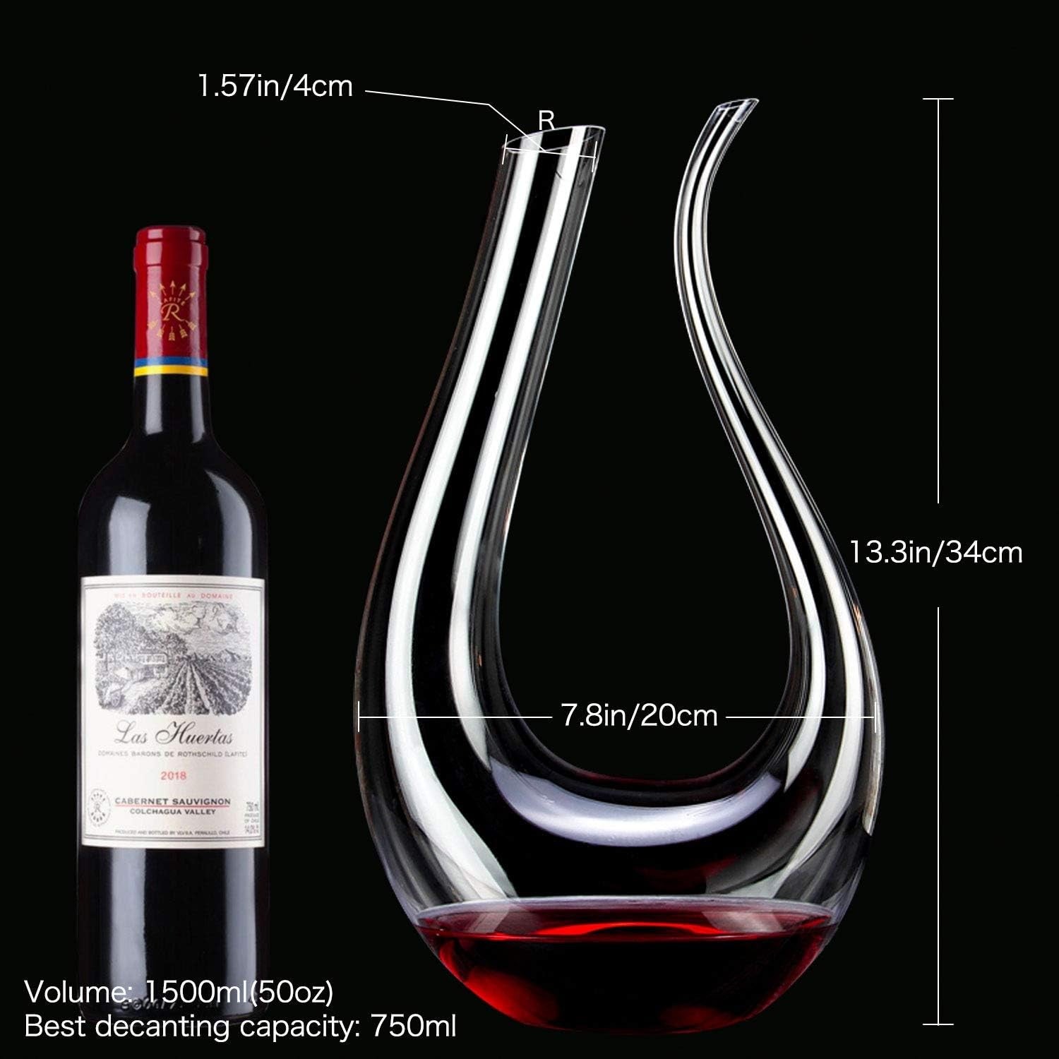 1.5L U-Shaped Crystal Wine Decanter Hand-Blown Aerator Carafe for 750ml Red Wine