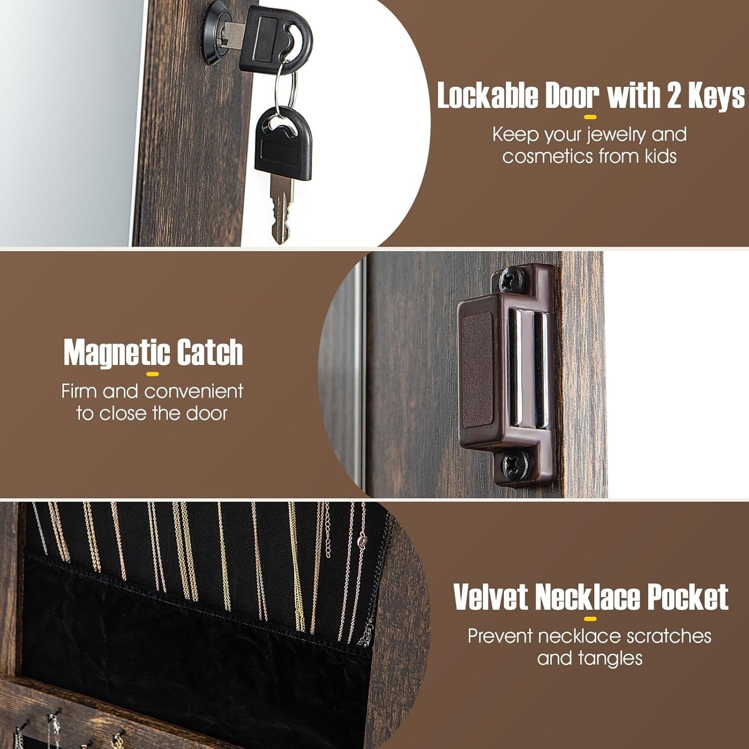 Rustic Brown 360° Swivel LED Jewelry Cabinet Mirror Lockable Storage Stand