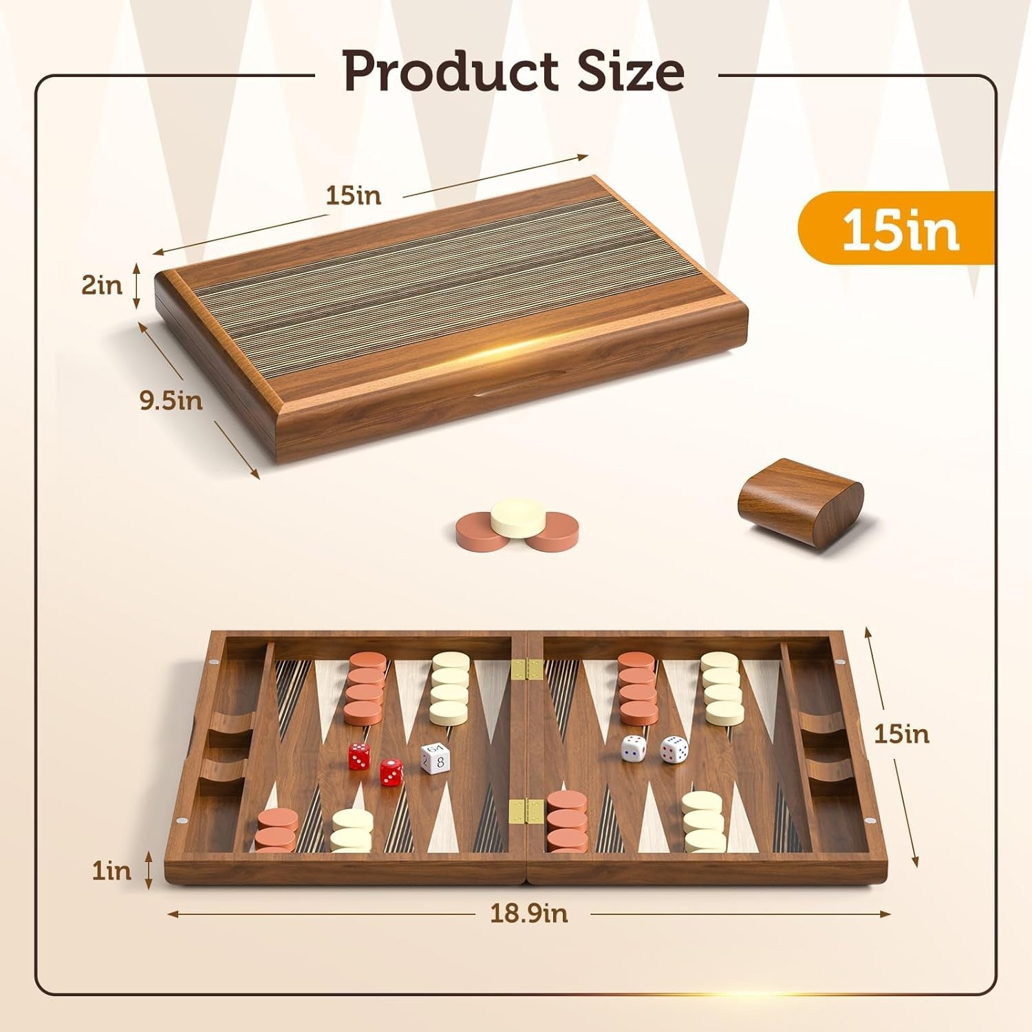 15 Inch Wooden Backgammon Set Folding Travel Board Game Dice Cups