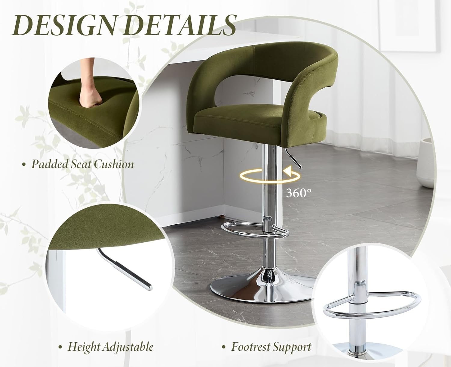 Adjustable Green-2Velvet Bar Stools Set of 2 Swivel Kitchen Counter