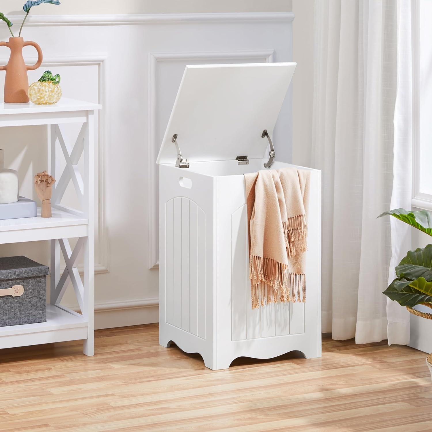 Large White Laundry Basket with Lid Wooden Bathroom Storage Hamper