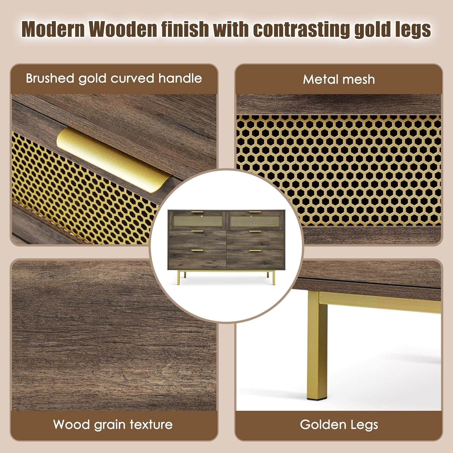 Wood Sideboard Cabinet 120cm 6 Drawer Storage Unit Metal Legs Modern Hallway