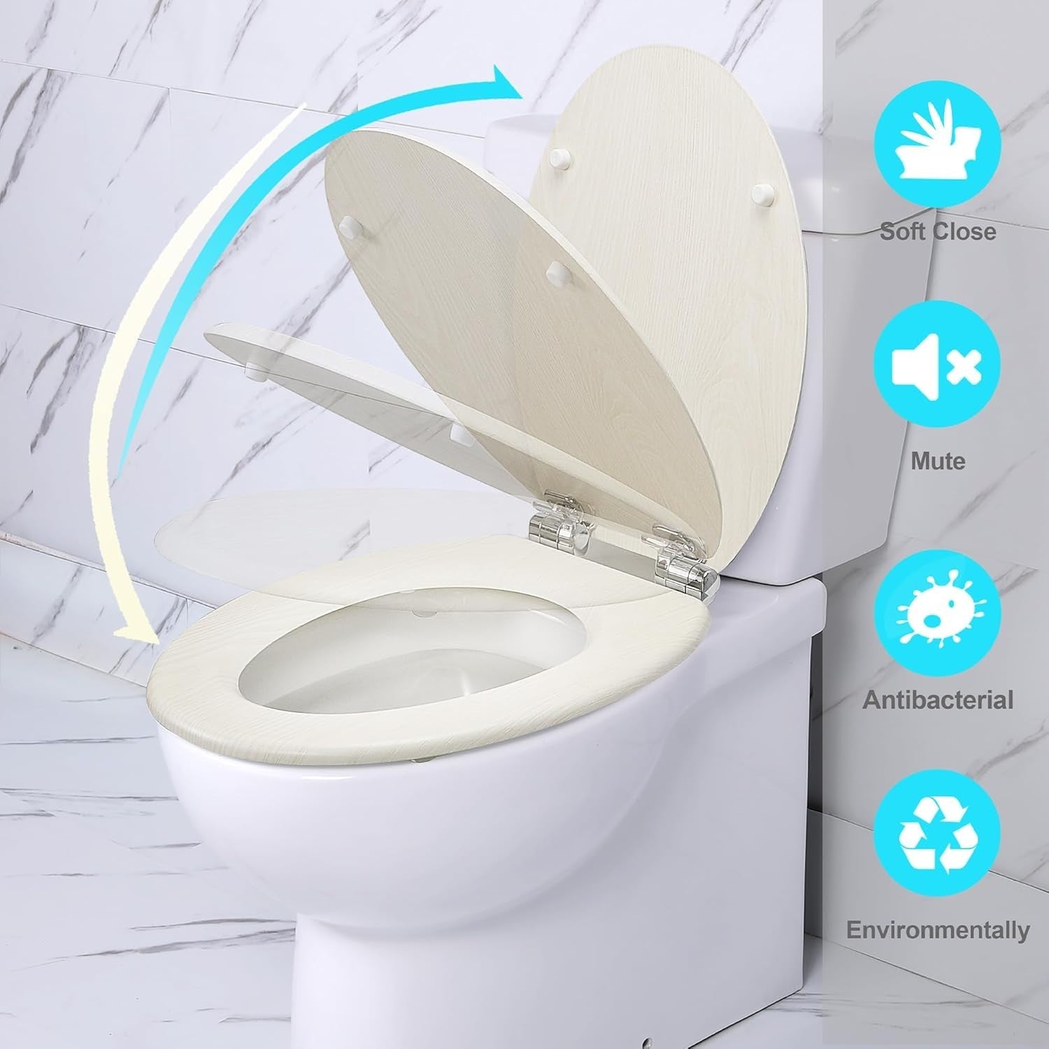 Wooden Toilet Seat Soft Close Quick Release Oval Creamy White Oak 45x37cm