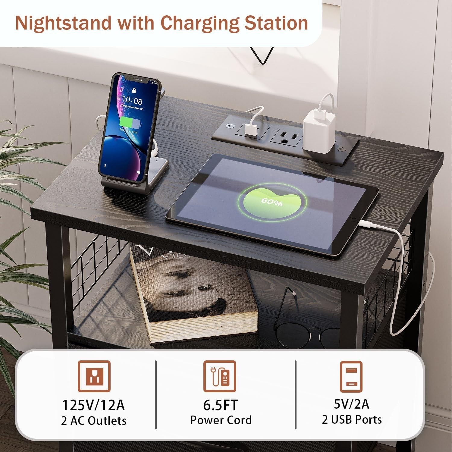Set of 2 Black LED Bedside Tables with 3 Drawers, USB Ports & Power Outlets
