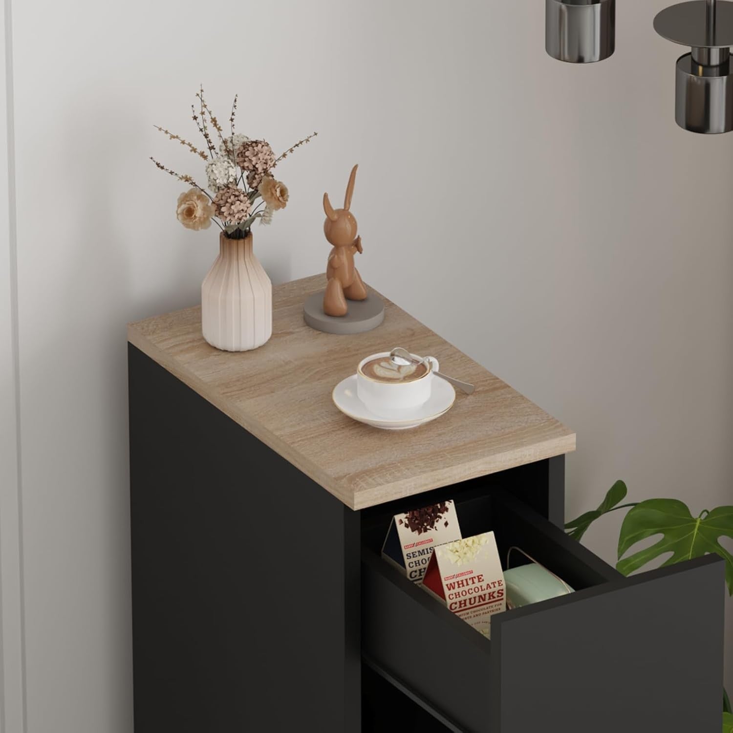 Slim Black Bedside Table Drawer & Shelf, Modern Narrow Nightstand Storage