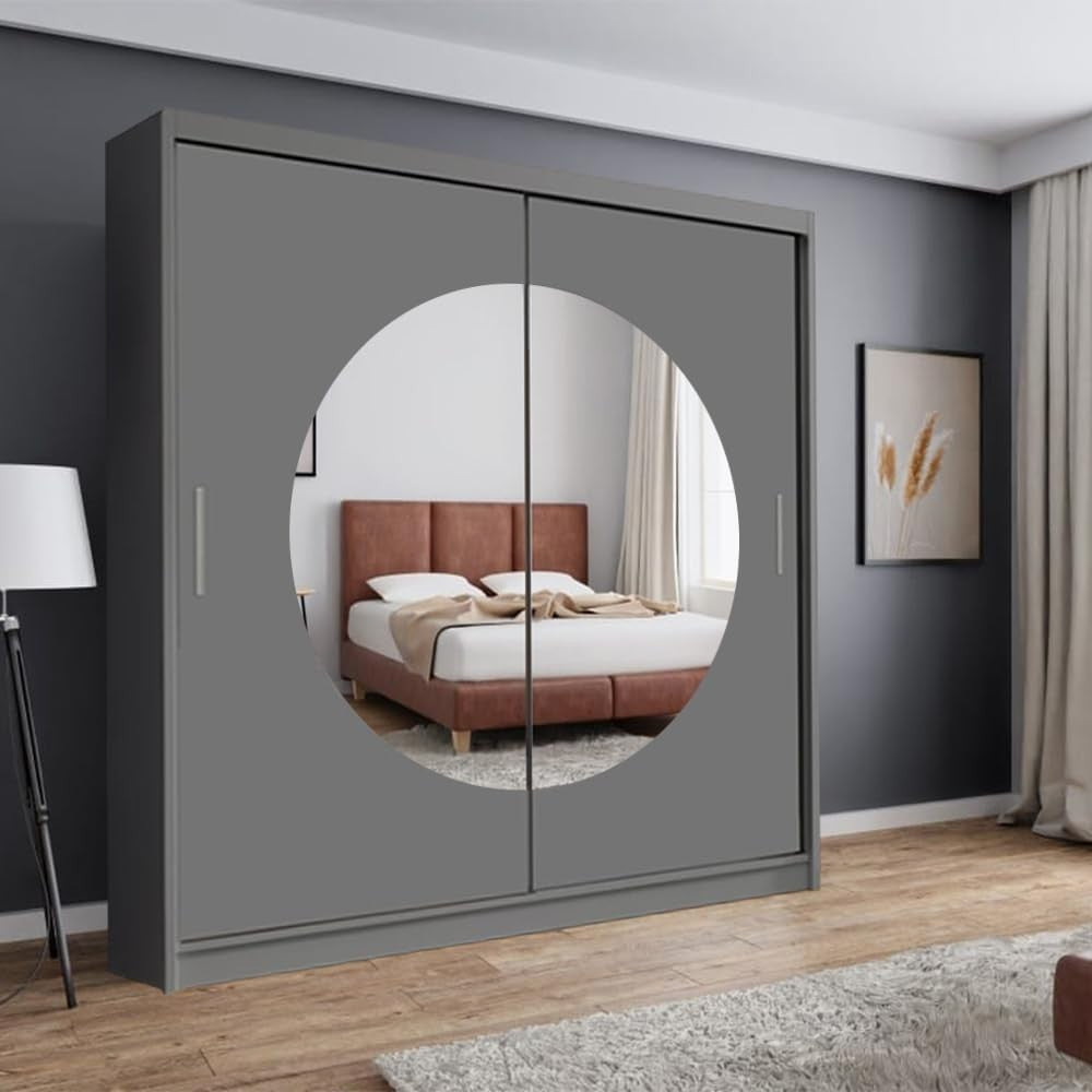 Grey Sliding Wardrobe 150cm Moon Mirror 2-Door Bedroom Storage Cabinet