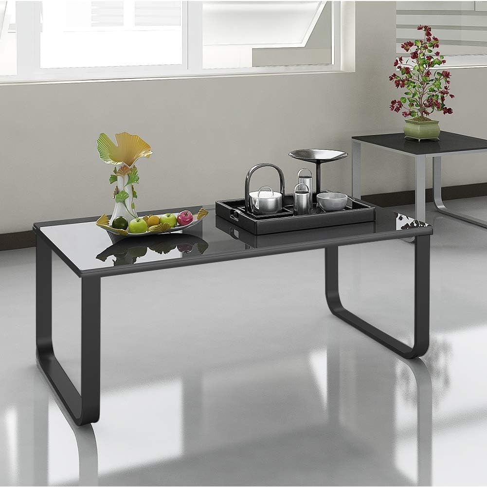 Black Tempered Glass Coffee Table with Storage & Metal Frame, 42cm Height