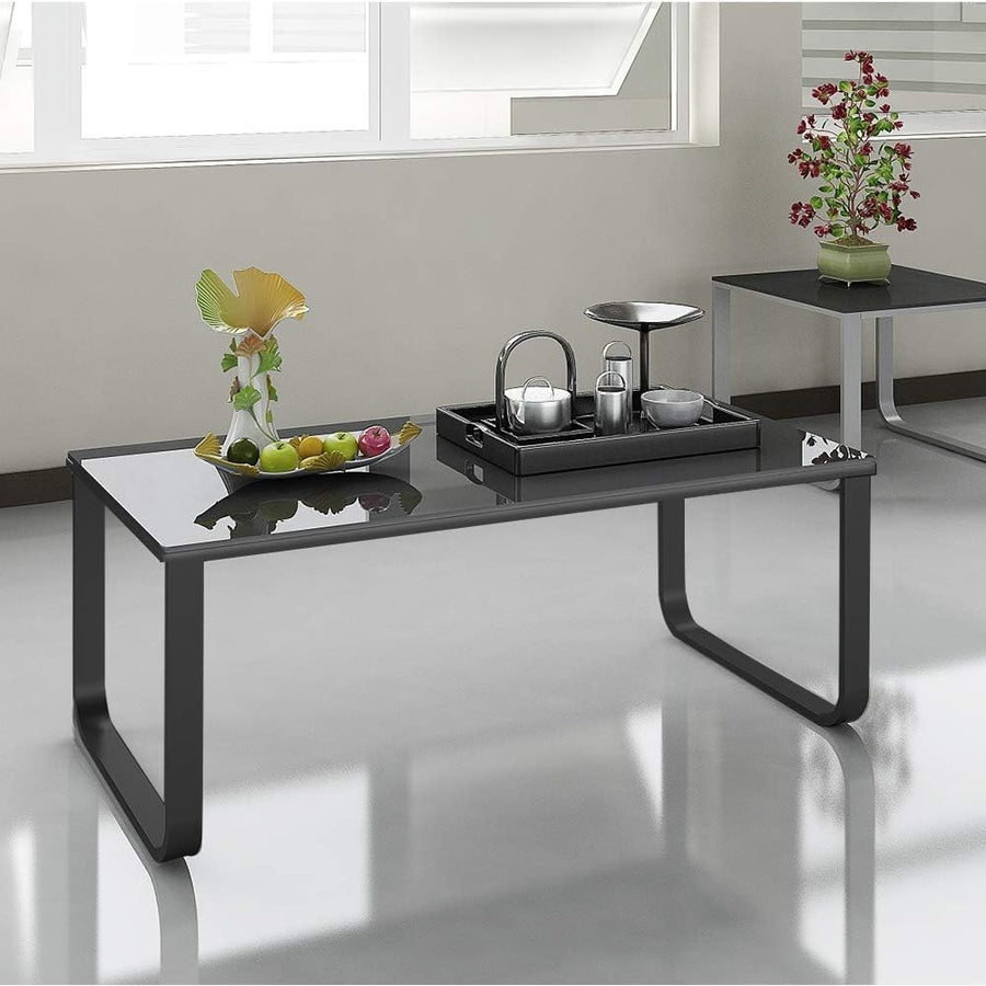 Black Tempered Glass Coffee Table with Storage & Metal Frame, 42cm Height