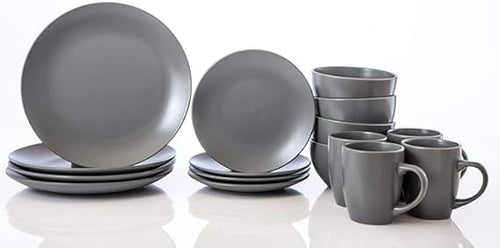 16 Piece Stoneware Dinner Set for 4 Plates Bowls Mugs Grey
