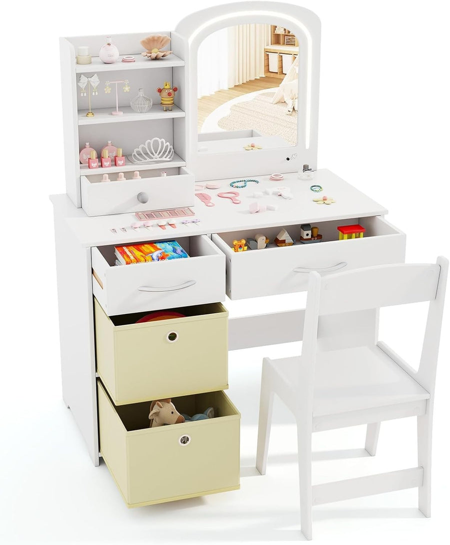 Girls Vanity Table LED Mirror Set Kids Dressing Desk Chair Wood White Storage