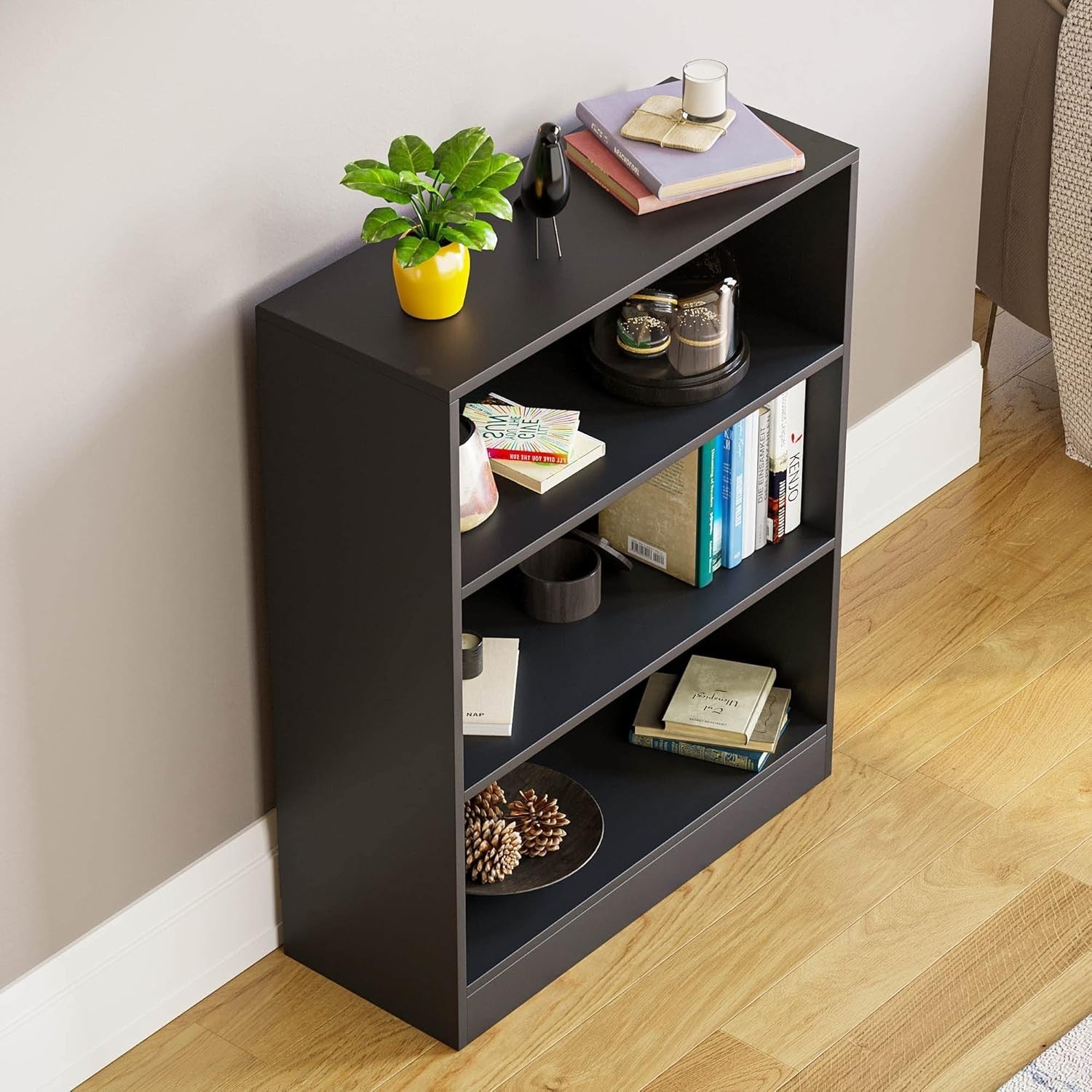 3 Tier Black Wooden Bookcase Modern Storage Display Shelf for Living Room Low